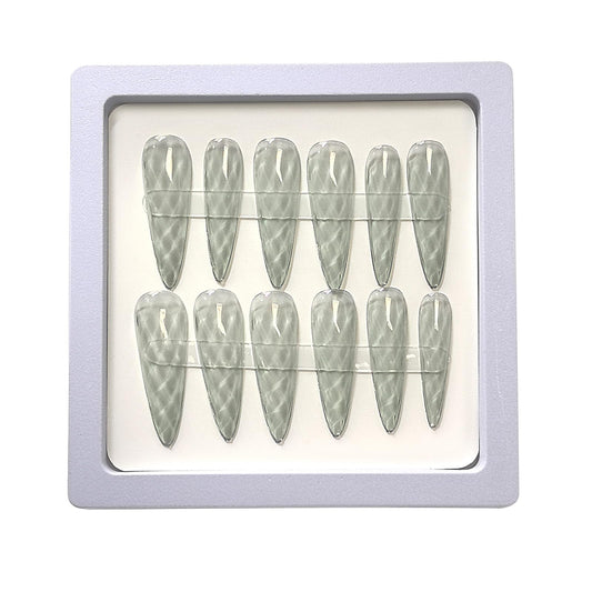 YOYfinee Christmas deal：$15for 2 set=27or30Pcs. 3D Rhombus Pattern Pointed-Long false nails，15pcs，12sizes，10 colors to choose，reuse（gray-green3）Choose any color you like.