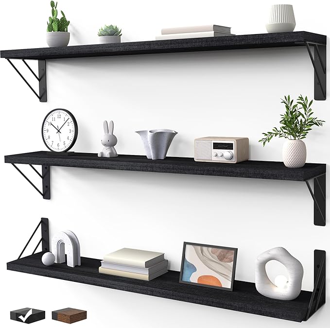 BAYKA Wall Mounted Floating Shelves, Wood Floating Wall Shelf for Books & Decor, Small Space-Saving Display & OrganizerÃ¯Â¼ÂBlackÃ¯Â¼Â36inÃ¯Â¼ÂSet of 3Ã¯Â¼Â