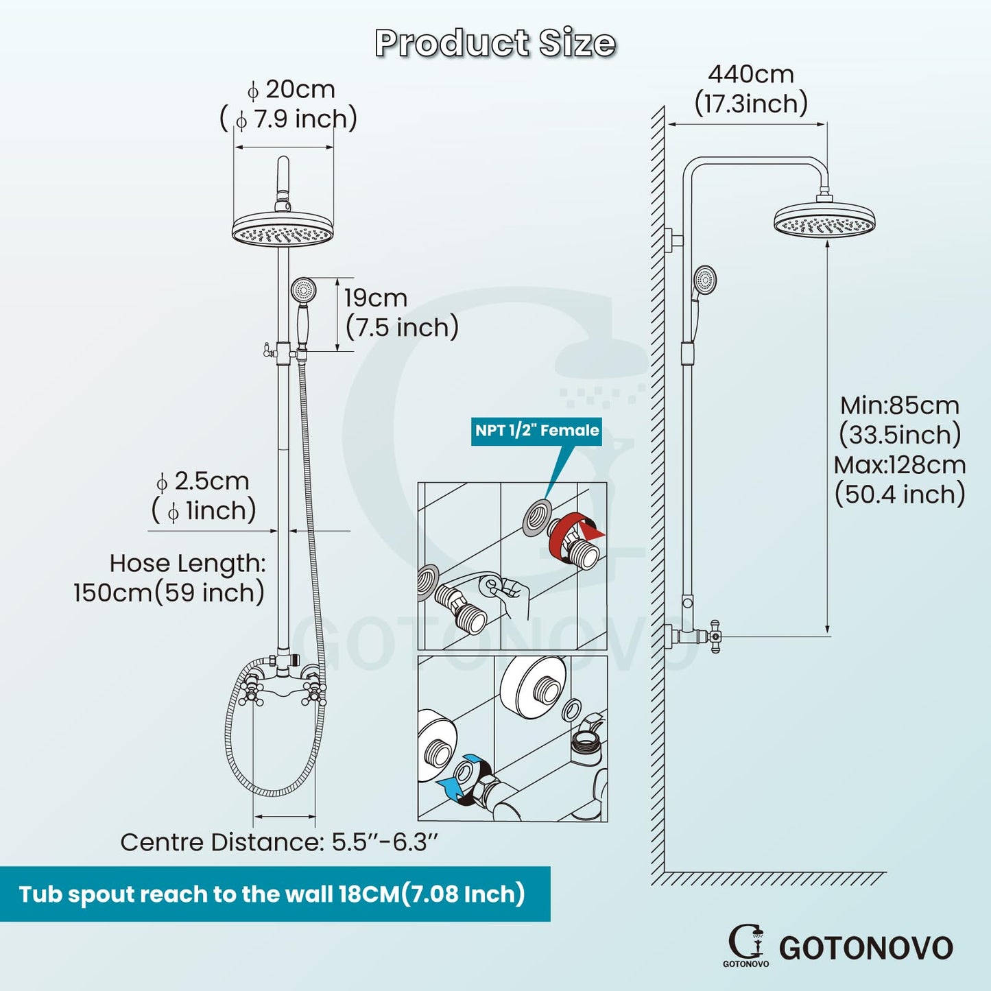 gotonovo Luxury Exposed Shower Faucet Set Bathroom Shower System 8 Inch Wall Mount Rainfall Shower Head with Handheld Spray Cross Double Handle Shower Fixture Adjustable Straight Rod Polish Chrome