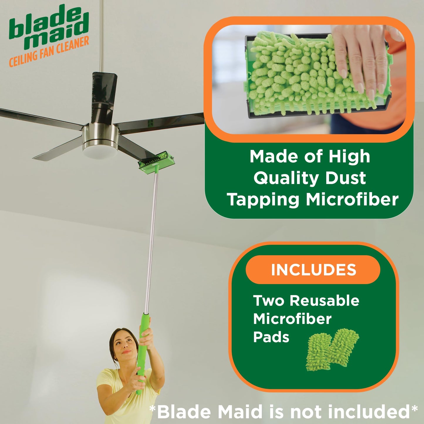 Blade Maid Replacement Microfiber Pads | Reusable, Machine Washable Pads for Blade Maid Ceiling Fan Cleaner with Extendable Pole for High Ceilings, Corner Cleaning Tool | Size 4.9" x 7.7" (Pack of 2)