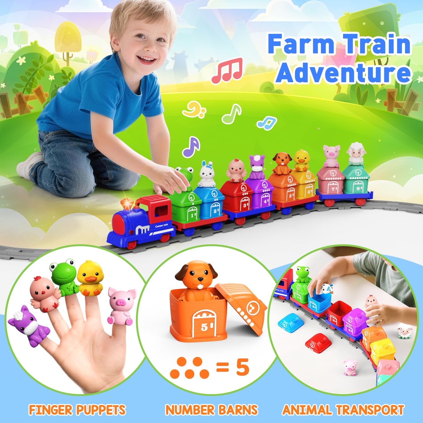 Cmiolacuna Train Set for Toddlers 2-4, Electric Toy Train with Farm Animals & Music & Lights, Montessori Counting & Sorting Learning Toys for 1 2 3 Year Old Boys Girls, Christmas Easter Birthday Gift