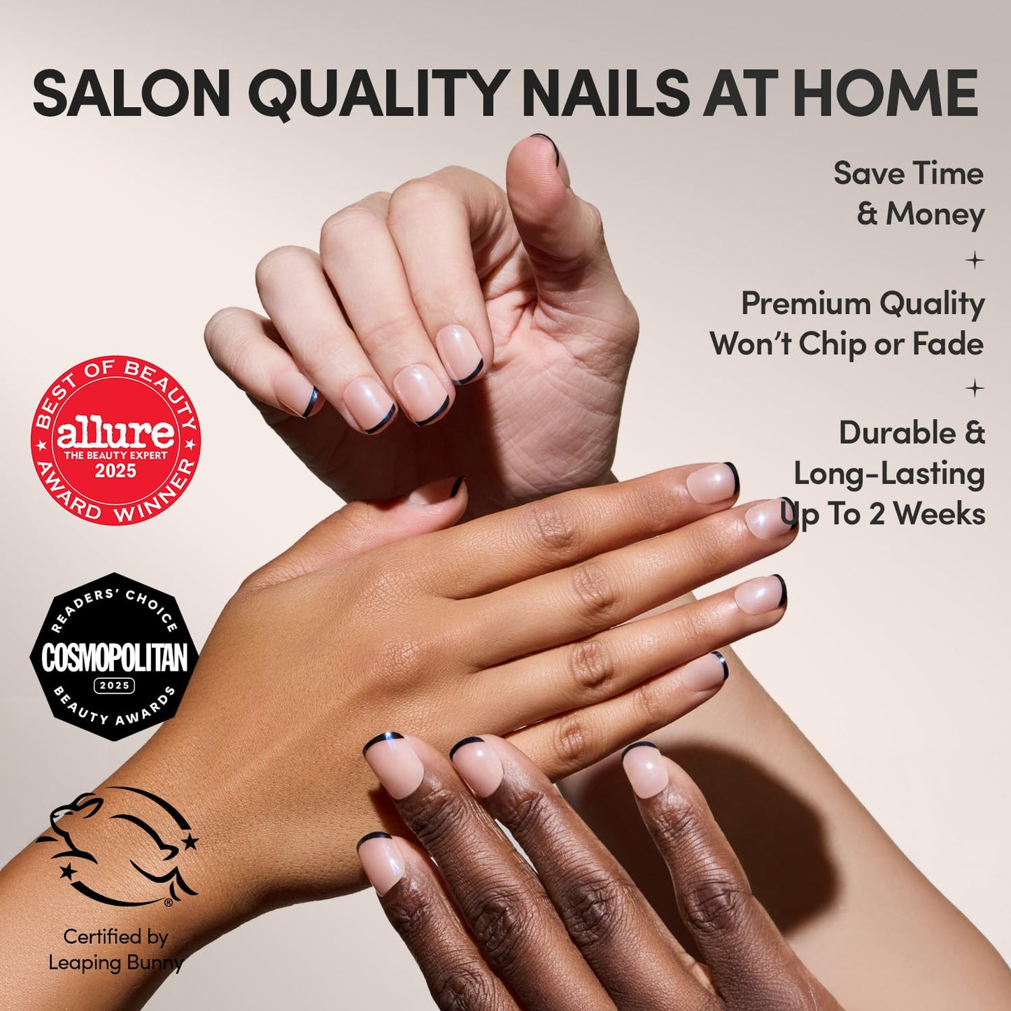 Glamnetic Press-On Nails Bundle - Burnt Miso & Caviar | Super Short Glazed Black French Tips | Short Almond Glossy Black French Tip Fake Nails | Durable, Salon-Quality Nail Kits