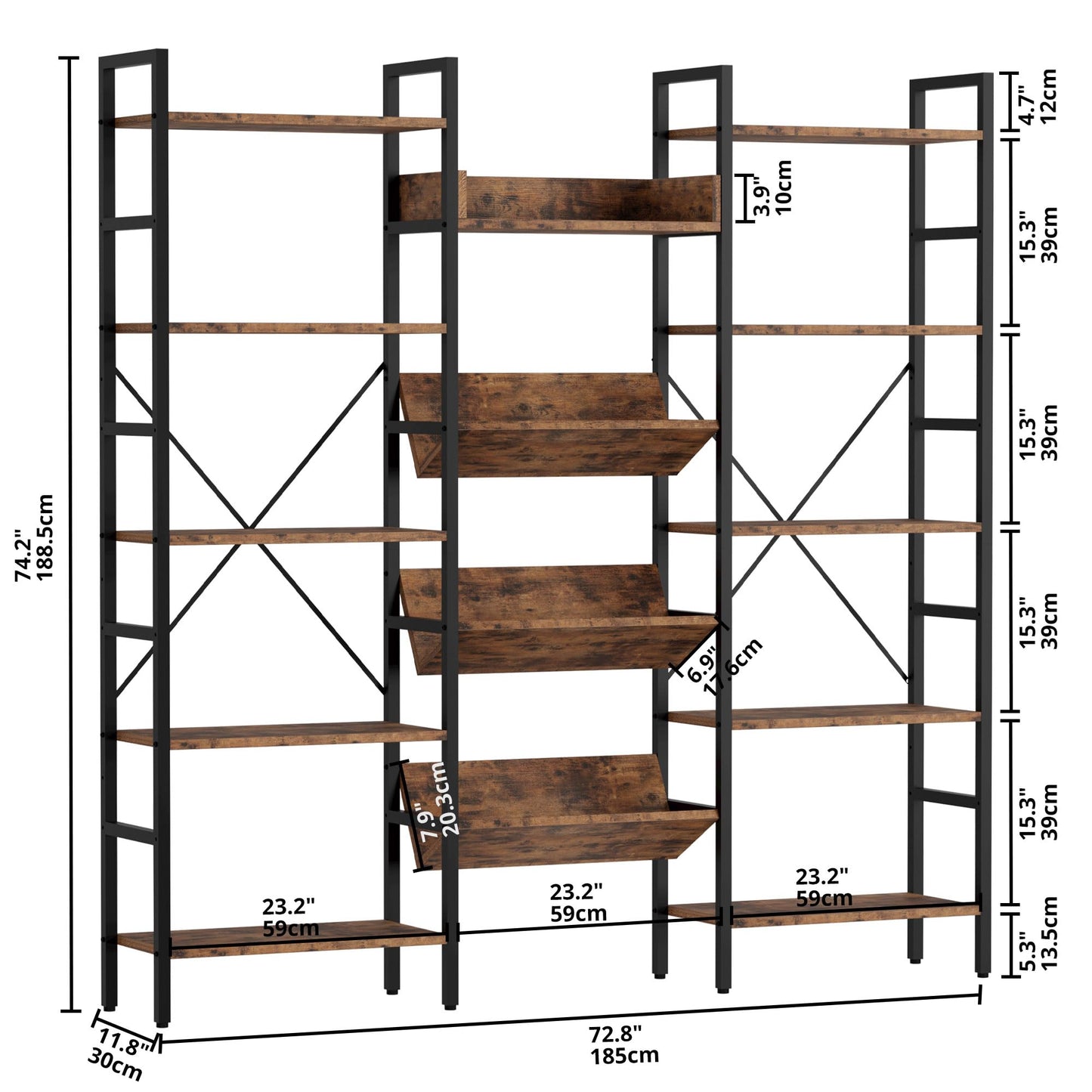 IRONCK Bookshelf, Bookshelves and Bookcases, Triple Wide 5 Tiers Book Shelf with Baffles, Industrial Bookshelf with Metal Frame for Living Room, Home Office