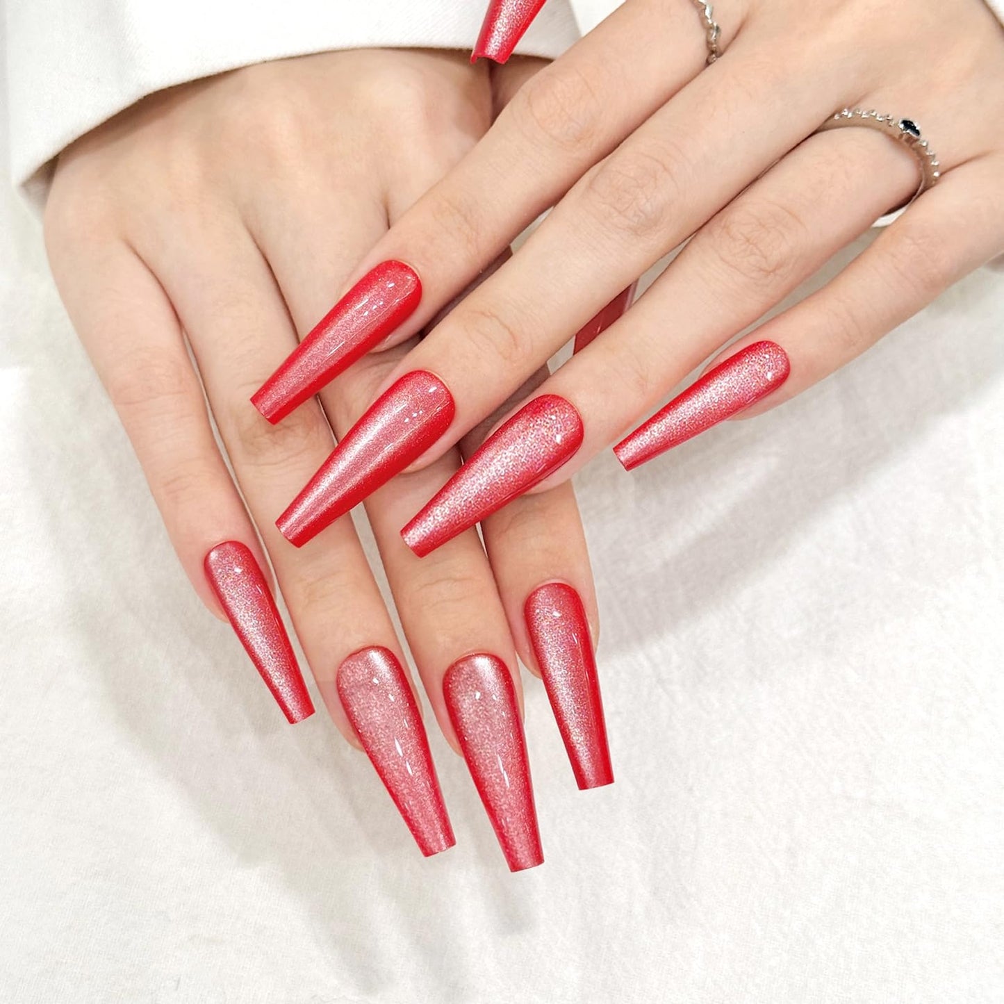 Dark Red Cat Eyes Press On Nails,12 Sizes-24 Pcs Soft Gel Red Long Coffin Fake Nails Kit with Nail Glue, Natural Reusable Stick On False Nails for Women and Girls SK1047
