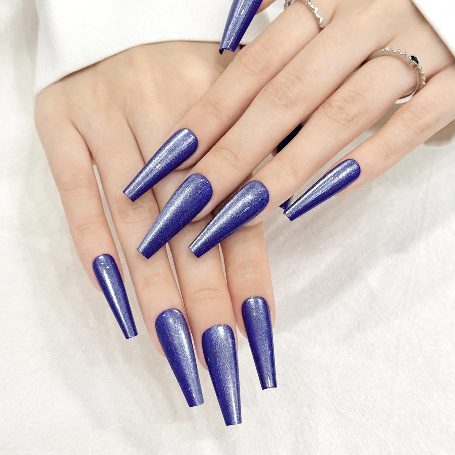 Navy Blue Cat Eyes Press On Nails,12 Sizes-24 Pcs Soft Gel Blue Long Coffin Fake Nails Kit with Nail Glue, Natural Reusable Stick On False Nails for Women and Girls SK1050