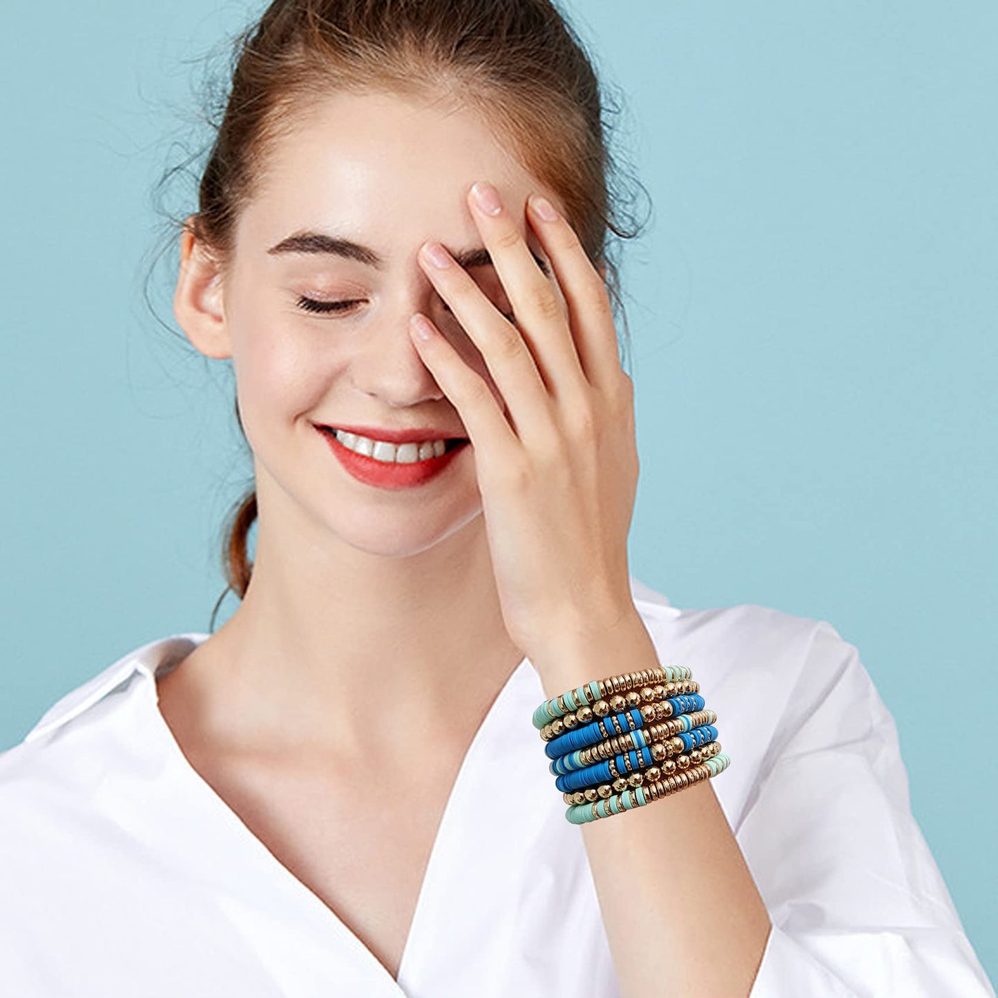 GOOJIDS Surfer Heishi Clay Bead Bracelets for Women Bohemian Stackable Gold Plated Beaded Stretch Bracelets Elastic Layering Friendship Bracelets Set Boho Jewelry