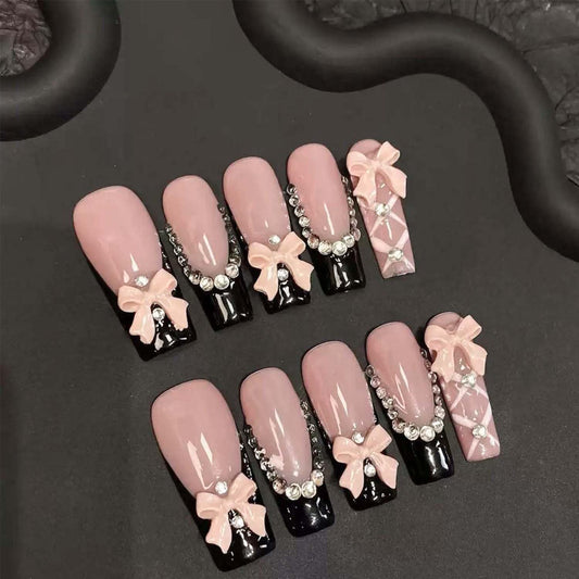 10Pcs Handmade Press On Nails Long Square Fake Nails Bow With Rhinestone Design French Tip False Nails Reusable Stick On Nail Artficial Acrylic Nail For Women (SIZE:M)