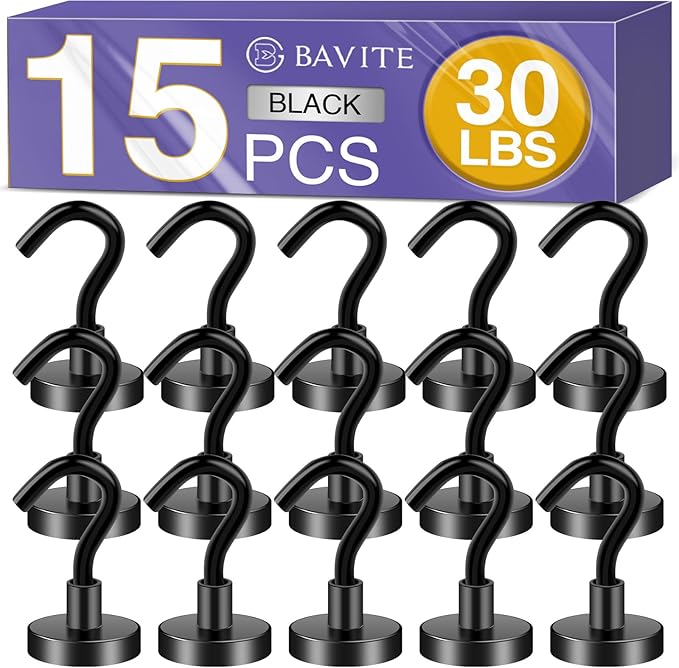 E BAVITE Magnetic Hooks, 30Lbs Strong Magnet Hook Heavy Duty with Epoxy Coating for Refrigerator, Cruise, Grill, Indoor Hanging, Home, Kitchen, Workplace, Office and Garage - 15 Packï¼Blackï¼