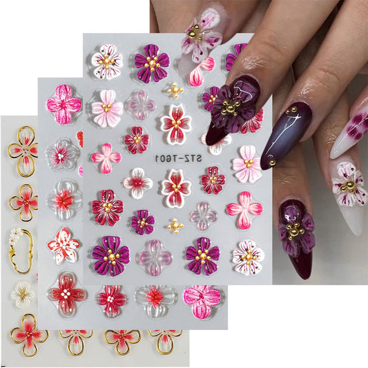 Flower Nail Stickers 5D Embossed Self Adhesive Hibiscus Floral Nail Decals Purple Flower Nail Charms Nails Design Pegatinas para Uñas for Women Nail Art Decoration 3 Sheet