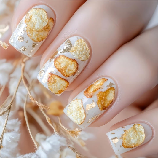 RTKHFZE Press on Nails Medium Square Fake Nails Gold Flowers Leaf False Nails with Gold Foil Designs Artificial Acrylic Nail Glossy Full Cover Glue on Nails Press ons Stick on Nail for Women 24Pcs
