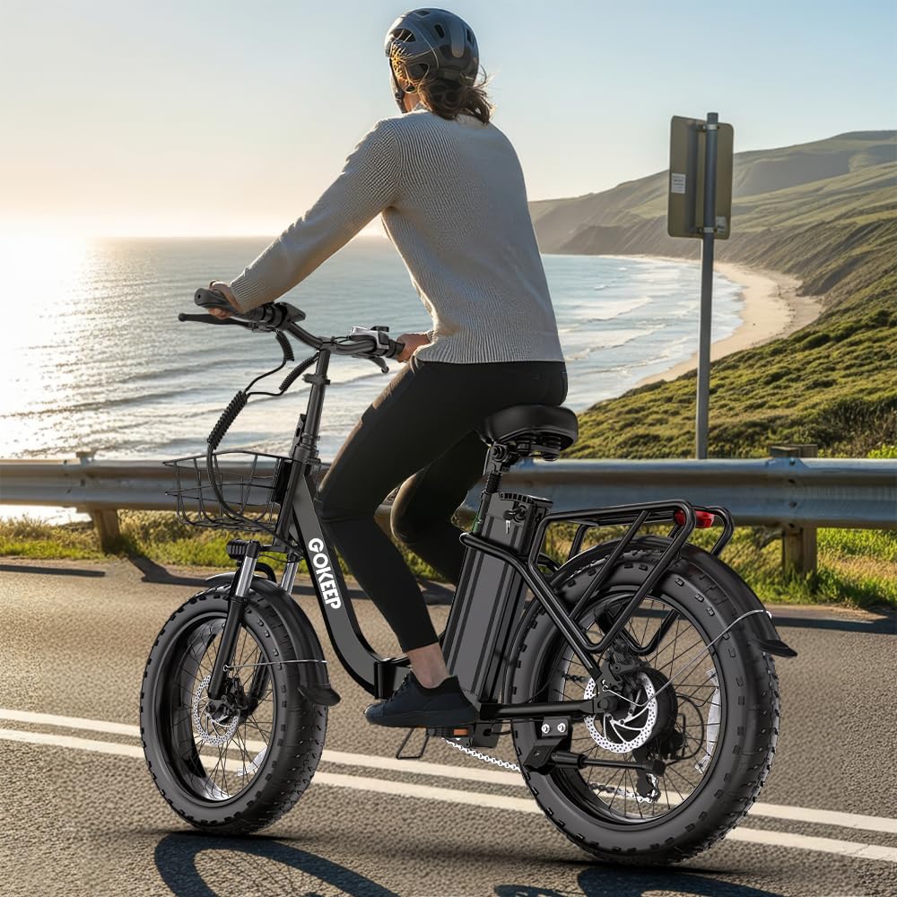 GOKEEP 1300W Folding Electric Bike, 75 Miles PAS Range, 52V 13Ah Removable Battery, 20" Fat Tire & Front Suspension Electric Bicycles, 20MPH 7-Speed Commuter Ebike, Max 330LBS, UL2849 Certified, Black