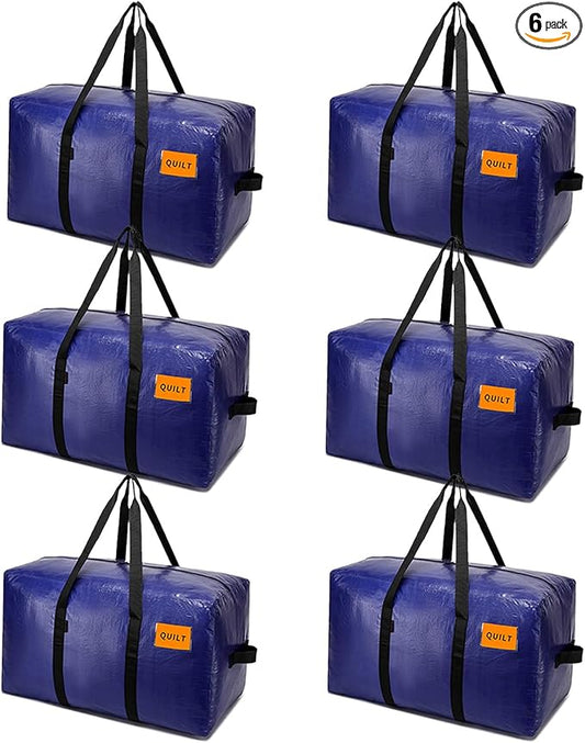 6 Pack Moving Bags Heavy Duty, Extra Large Storage Totes Bag with Zippers and Sturdy Handles, Packing Bags for Moving, Storage, Travel, Space Saving, Moving Boxes College Essentials Blue