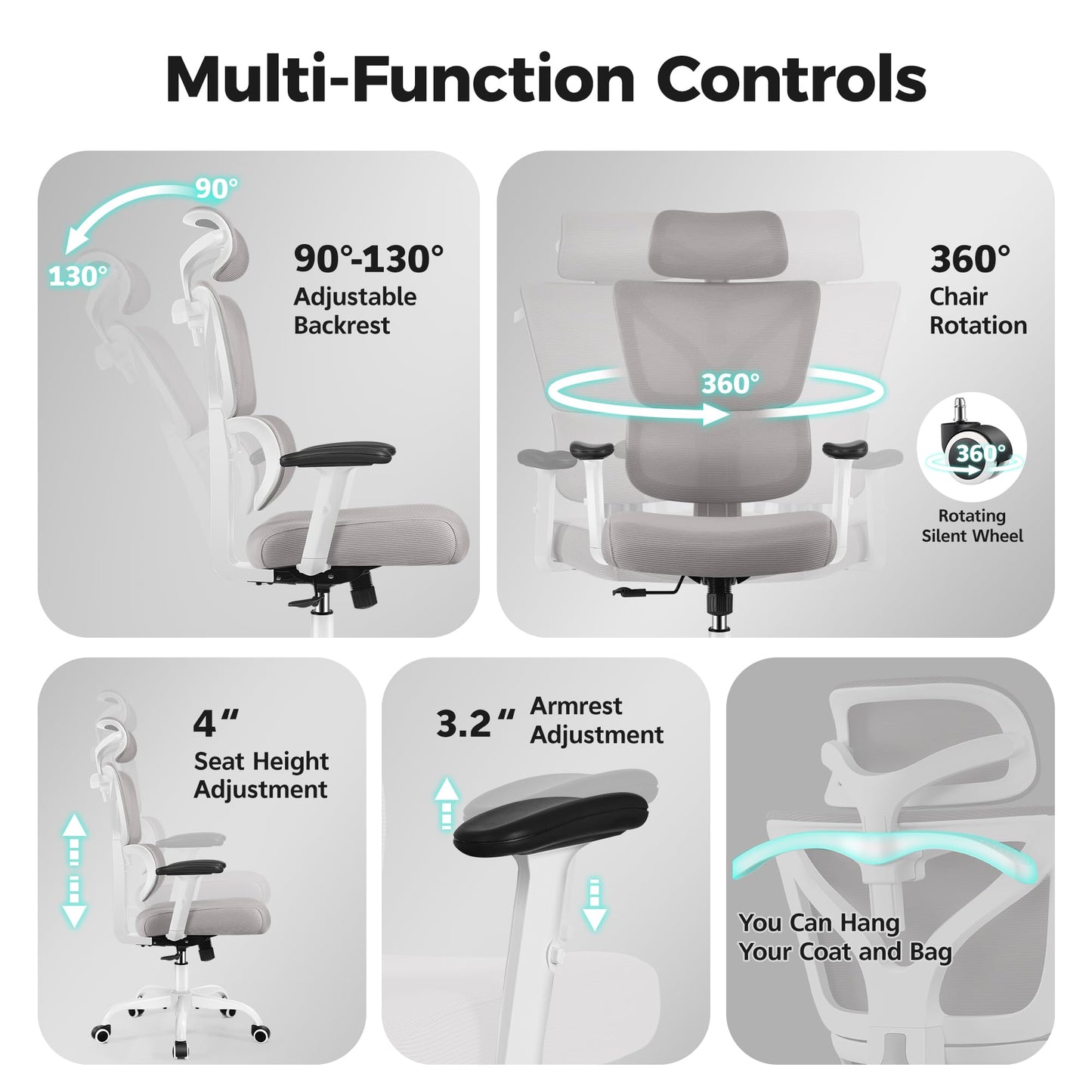 Ergonomic Office Chair High Back Desk Chair with Lumbar Support, Breathable Mesh Computer Chair with Adjustable Armrests Height, Reclining Swivel Big and Tall Gaming Chair for Home Office(Gray)