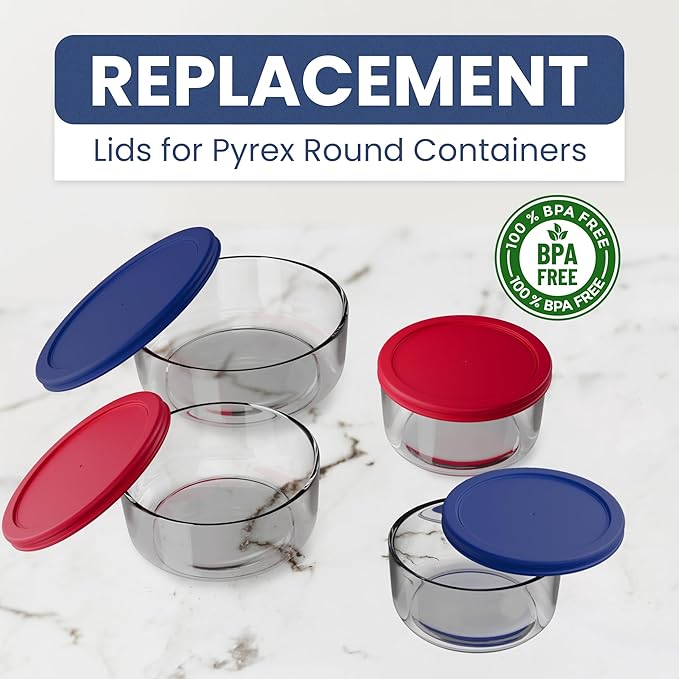 Replacement Lids for Pyrex Glass Food Storage Containers Round (2) for 7202-PC 1 Cup (3) for 7200-PC 2 Cup (2) for 7201-PC 4 Cup (2) for 7402-PC 6/7 Cup Red Blue