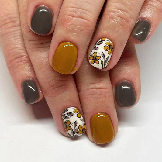 Fall Press on Nails Short Square Fake Nails with Flower Leaves Designs Yellow Nails Press ons Grey False Nails for Women 24Pcs