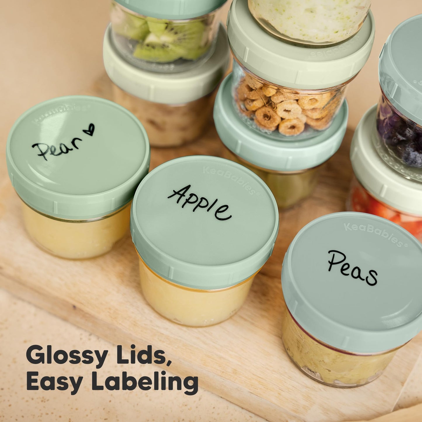 KeaBabies 12pk 4oz Glass Baby Food Containers with Lids - Leak-Proof, Microwavable Small Glass Jars, Baby Purees & Toddler Snack Storage Containers, BPA-Free, Dishwasher & Freezer Safe (Sage)
