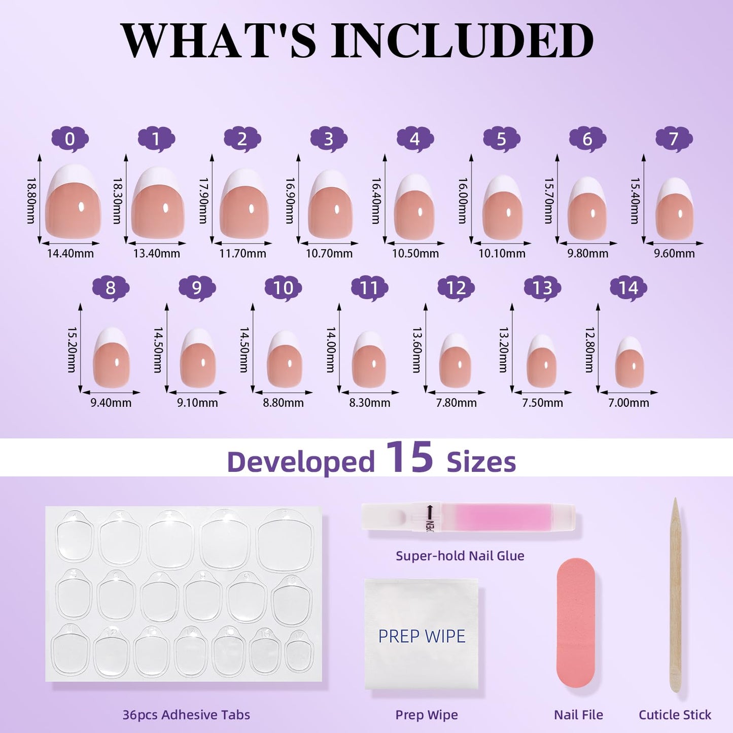 Short Almond French Tip Press On Nails - Sheer Pink Nude French Press on Nails with Defined French Tips for Women, Reusable Glossy Fake Nail Kit with Glue and Adhesive Tabs, 32 PCS in 16 Sizes