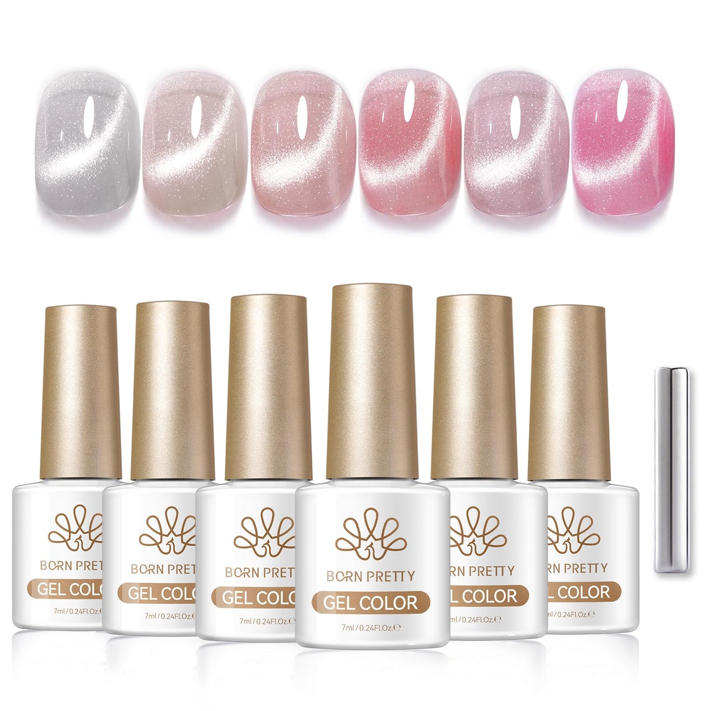 Born Pretty Cat Magnetic Eye Gel Nail Polish Set,6 Color Nude Pink Silver Shimmer Glitter Holographic Magnetic Soak Off U V Gel Polish DIY Art for Girls Women 7ML