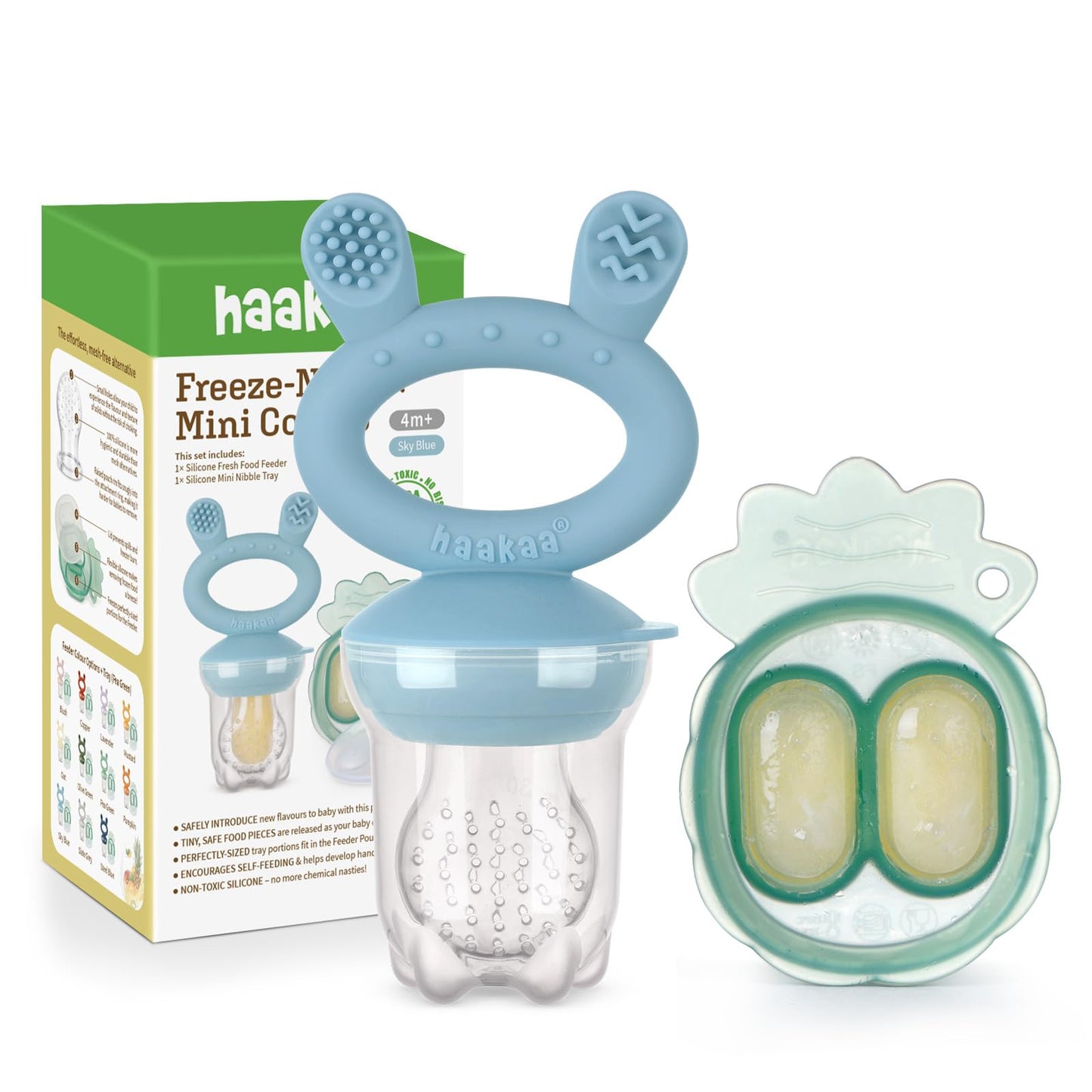 Haakaa Baby Fruit Food Feeder & Mini Freezer Nibble Tray Combo, Breastmilk Popsicle Molds for Baby Cooling Relief, BPA Free Silicone Feeder for Safe Infant Self Feeding, 4 Month+ (Sky Blue)