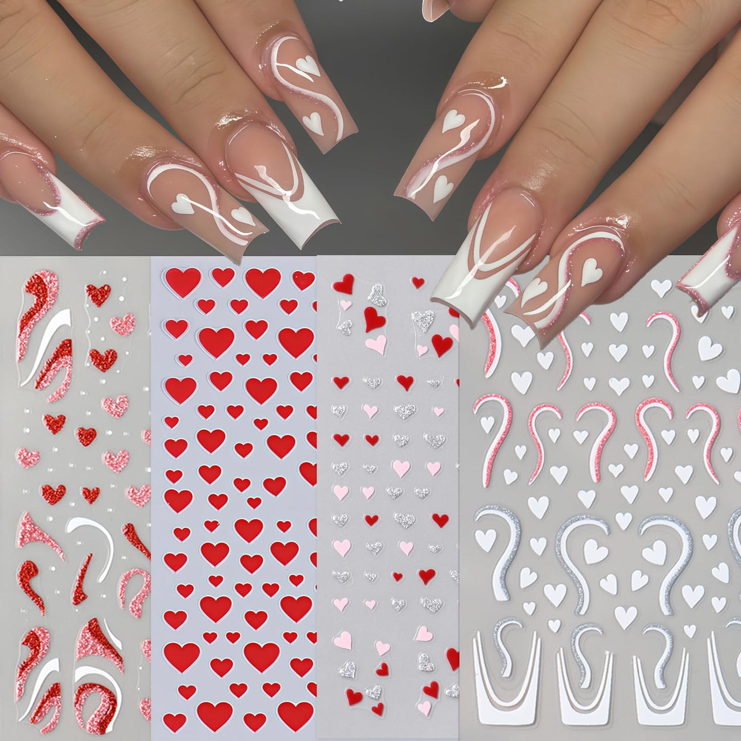8 Pcs Valentines Day Nail Stickers French Heart Nail Decals Glitter Pink Silver Romantic Heart Curved Line Nails Design 3D Self-Adhesive Pink Red Silver Glitter Mini Hearts Nails Supplies for Women