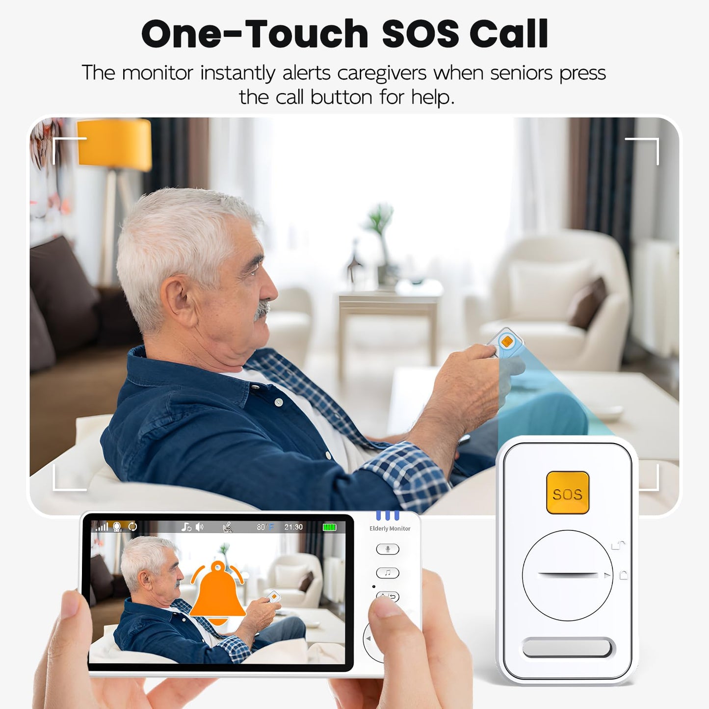 Elderly Monitor with Camera and Audio & Call Button, 2-Way Talk Room Monitors for Elderly, Med Reminder Temp Alert Baby Monitors for Elderly Care & Caregivers, PTZ Camera for Senior Monitoring/No WiFi