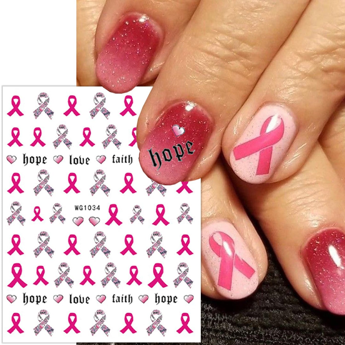 8 Sheets Pink Breast Cancer Awareness Nail Stickers for Nail Art Pink Ribbon Nail Decals 3D Self-Adhesive Breast Cancer Nail Art Stickers Heart Hope Letter Nail Design Decals for Women