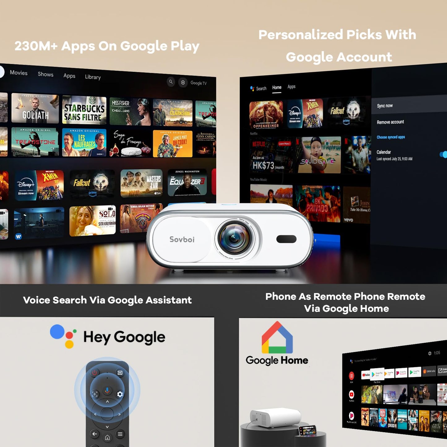 4K Projector Built-in Google TV: 2500 ANSI/Auto Lens Cap & 4D Keystone/Auto Focus & AI Voice Control, Sovboi Smart Portable Projector with WiFi6 & Bluetooth, Outdoor Movie Proyector for Streaming Apps