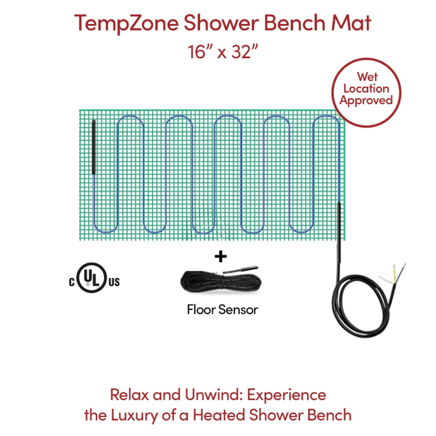 WarmlyYours Shower Bench Heating Mat 16 x 32 in., Electric Radiant Heating, Thin, Silent, and Invisible under Tile and Stone. Designed and Approved for Wet Locations (TempZone)