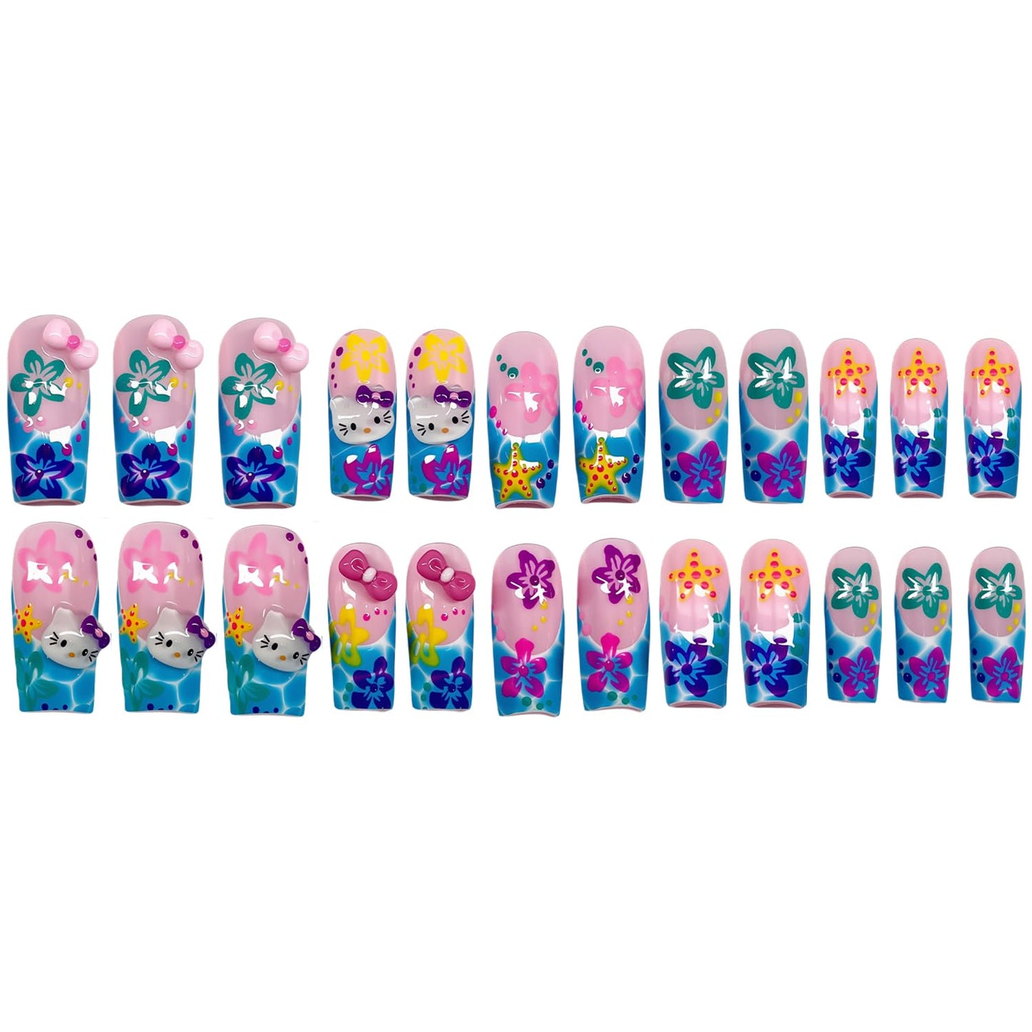 24Pcs Summer Press on Nails Long Coffin Fake Nails with Cute Bow Designs Summer Beach Acrylic Nails Starfish Hibiscus Flower Acrylic Nails Cute Cartoon French Tip Full Cover Glue on Nails for Women