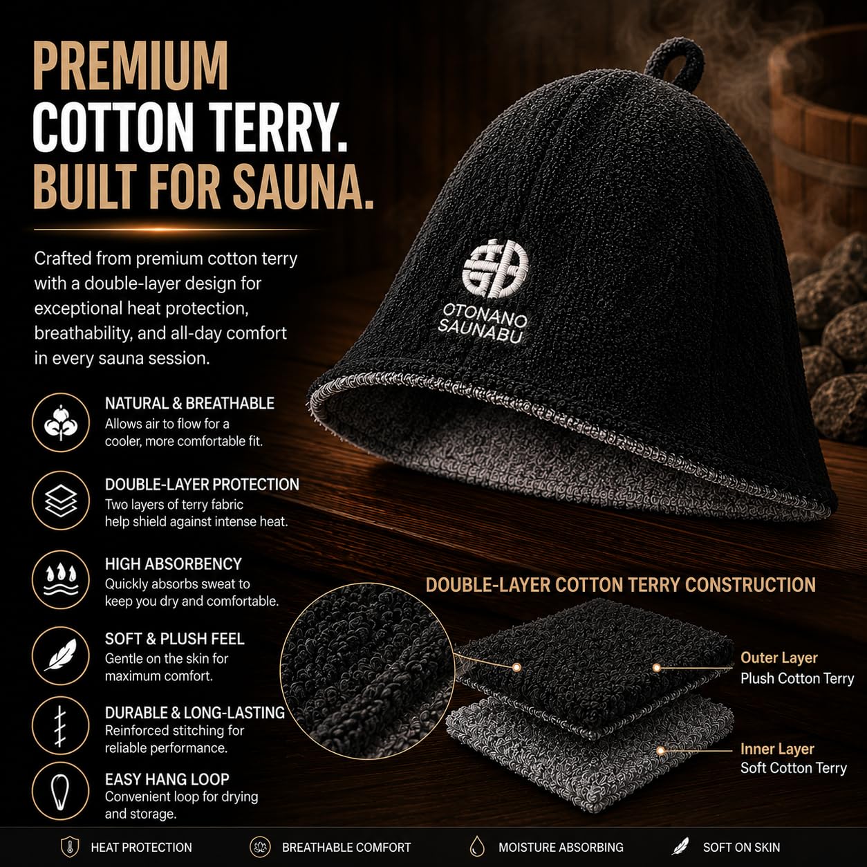 OTONANOSAUNABU Brown Sauna Hat – Japanese Design, 100% Wool Felt,Double-Layer Reversible Sauna Cap for Men & Women,Heat Protection Finnish Banya Hat