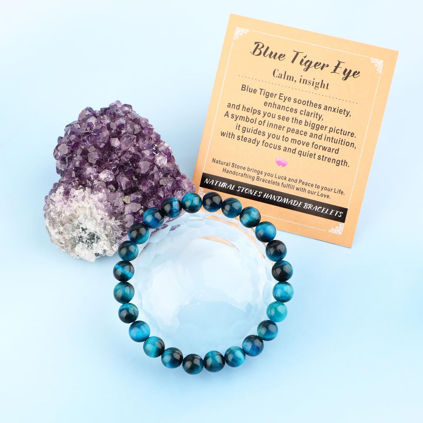 AD Beads 4mm Handmade Blue Tiger Eye Elastic Bracelet – Natural Gemstone for Calm and insight – Meditation, Yoga, Healing and Energy Gift for Men Women