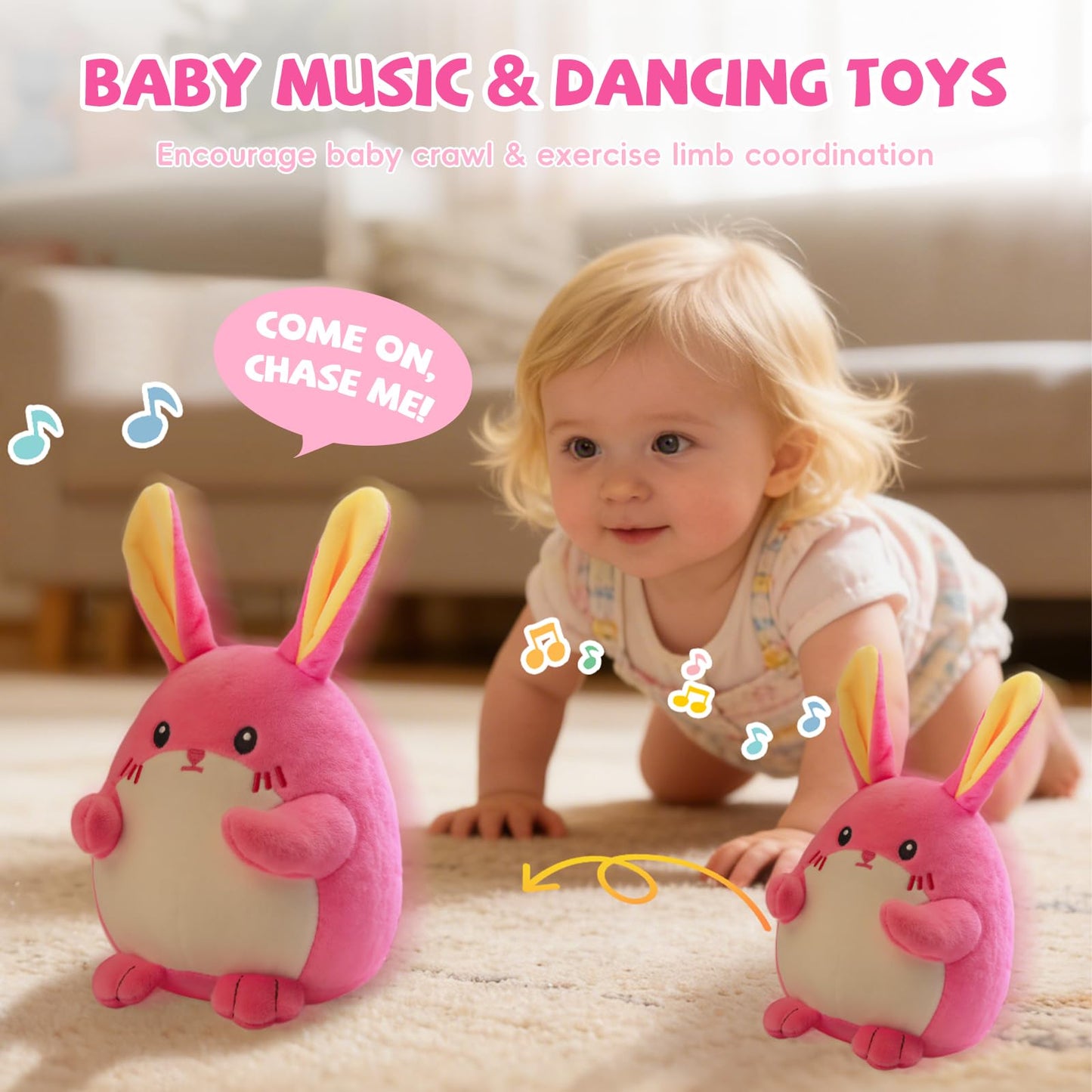 Crawling Pink Bunny Baby Toy with 48 Songs & Record, Interactive Musical Plush Toy for Babies 6-12 Months, Rechargeable Dancing Stuffed Animal, Sensory Toy for Toddlers 1-3, Cute Baby Gift for Girls