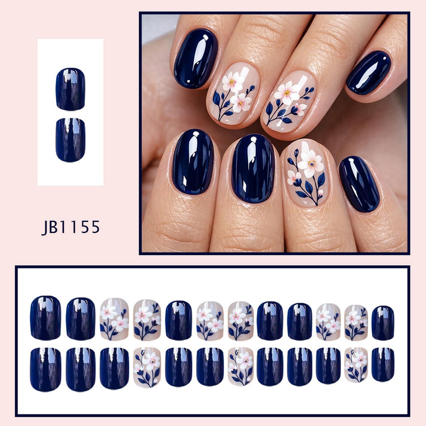 24pcs Blue Press on Nail Flower Fake Nails Glossy Full Cover Stick on Nail with Acrylic designs Floral Glue on Nails Reusable Short Square False Nails for Women Spring Summer Work Manicure