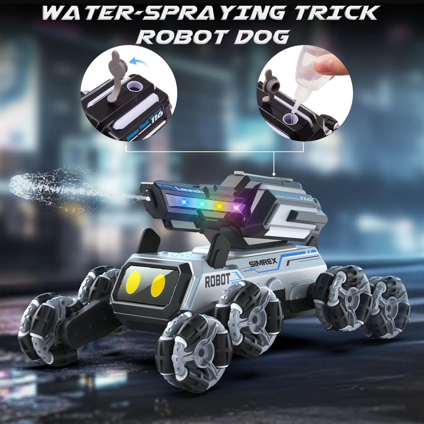 SIMREX Robot Dog RC Stunt Car Toys - Gesture Sensing Remote Control car with Mecanum Wheels, LED Eyes, 3 Sound Effects,Water-Shooting Turret & RGB Lights,Birthday Gift for Kids Boys Girls