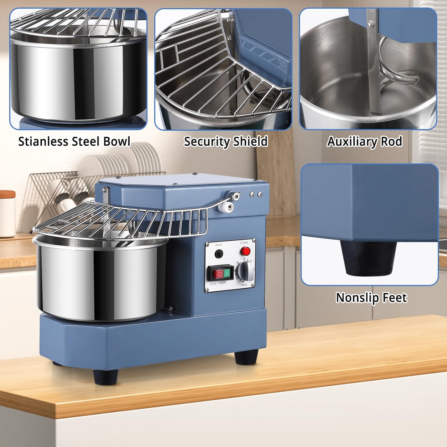 Commercial Dough Mixer 10.5Qt, 650W Dual Rotating Dough Kneading Machine with Stainless Steel Bowl, Security Shield & Timer, Heavy-Duty Commercial Stand Mixer for Bakeries Pizzeria