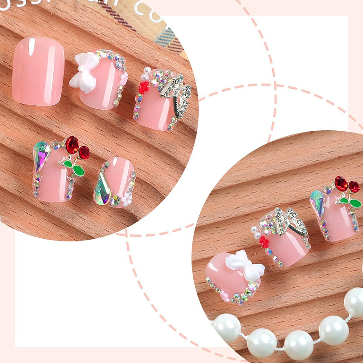 Nude Pink Press on Nails Short Square MABKJLF French Tip Fake Nails False Nails with Designs Bow Cherry Butterfly Flower Charm Rhinestones Glossy Glue on Nails Acrylic Nails for Women Girls 24 Pcs