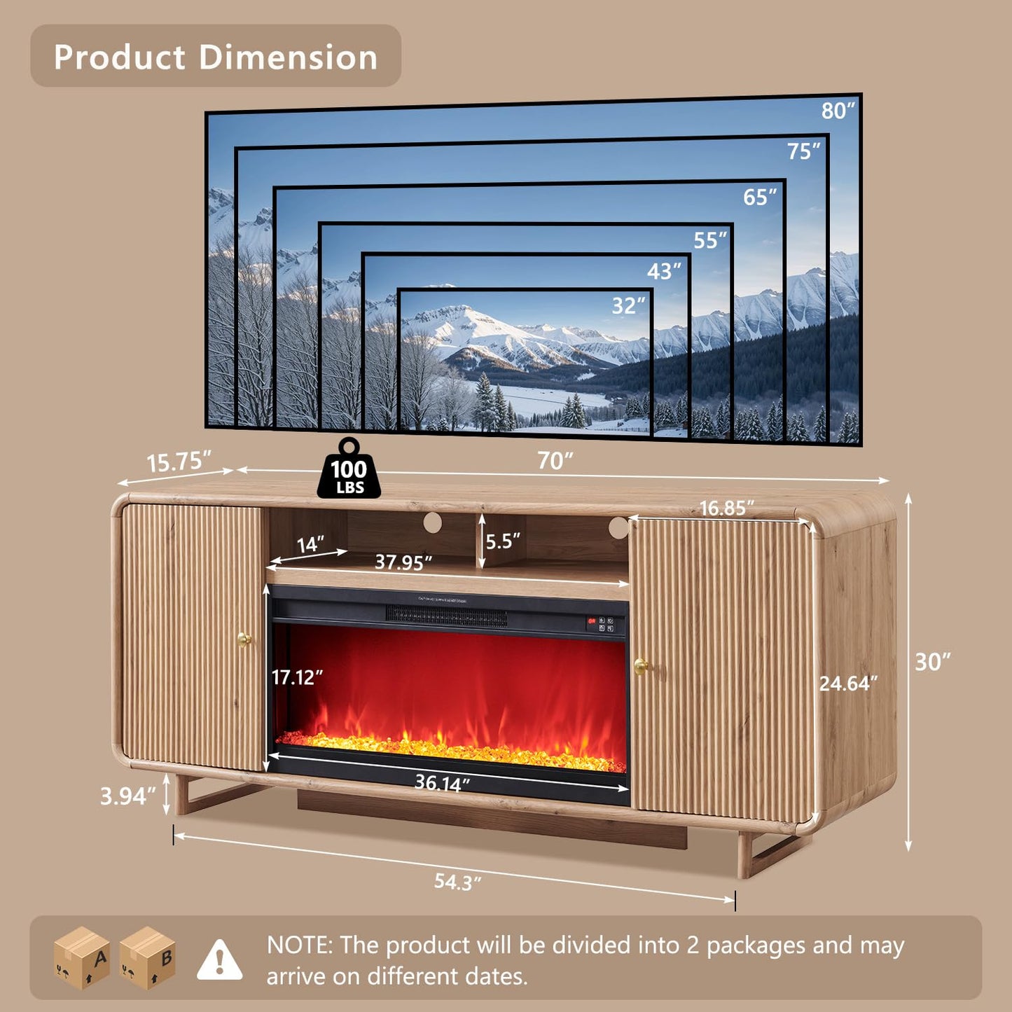 IFGET 70" Fluted Fireplace TV Stand for 80 Inch TV, Modern Entertainment Center w/36'' Electric Fireplace, Wood Media Console w/Curved Profile Design and Adjustable Shelves for Living Room,Natural Oak