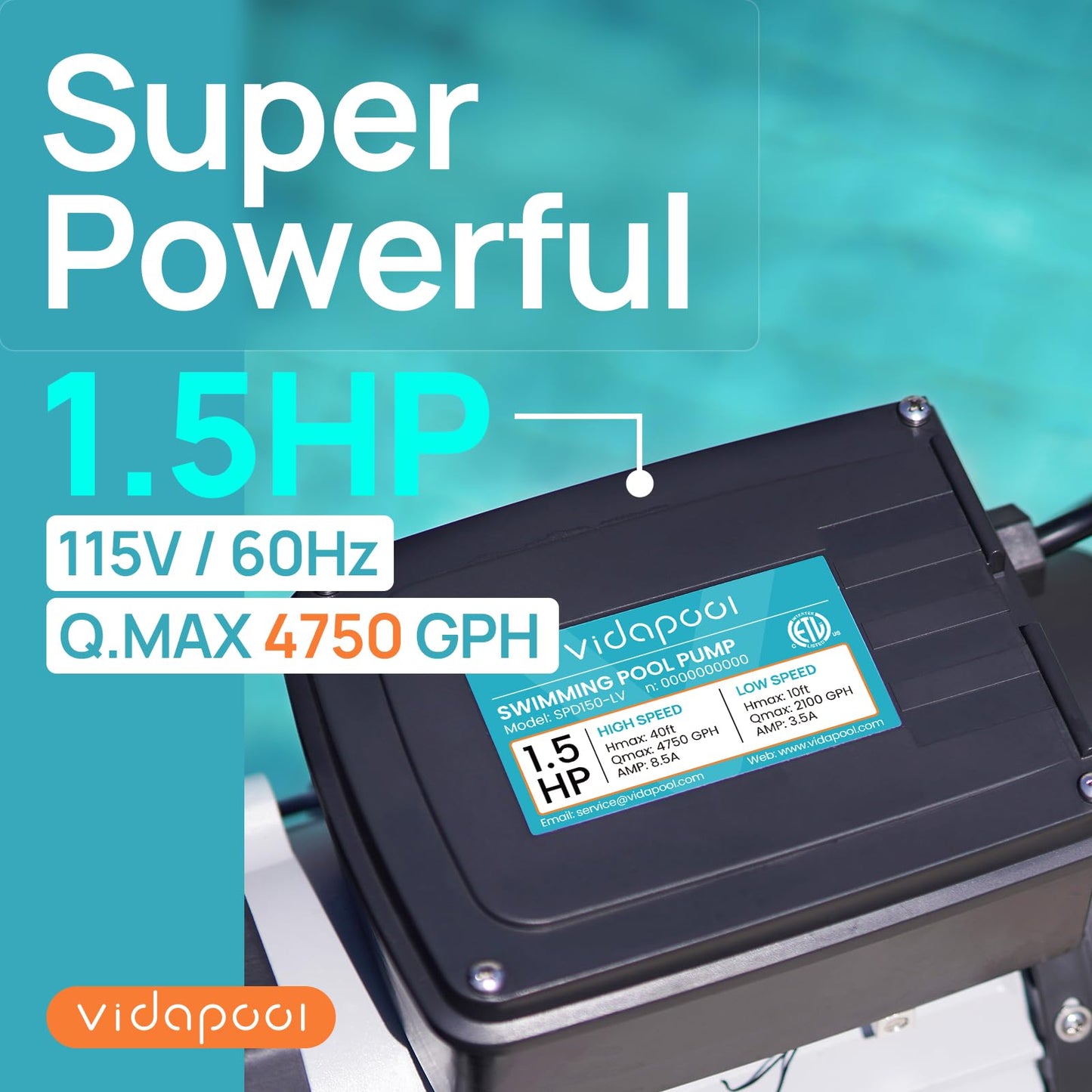 VIDAPOOL In/Above Ground Pool Pump, Self Primming High Flow (Dual Speed, 1.5HP, 4750 GPH, 115V)