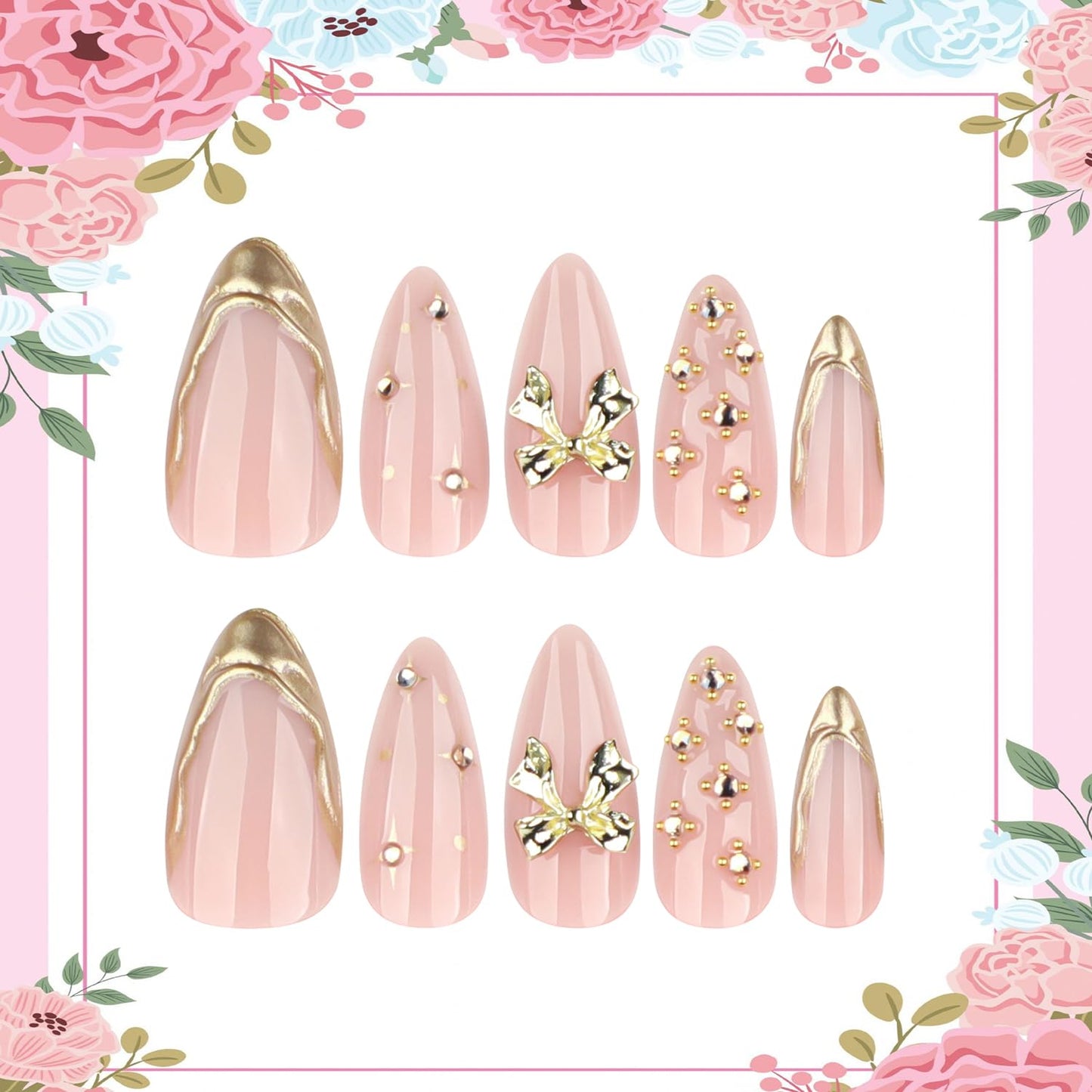 24Pcs Nude Pink Press on Nails Almond Shaped Artificial Acrylic French Metal Irregular Lines Design 3D Metallic Bow with Stars Fake Nails Medium Glossy Stick on Nail Artificial Fingernails for Women