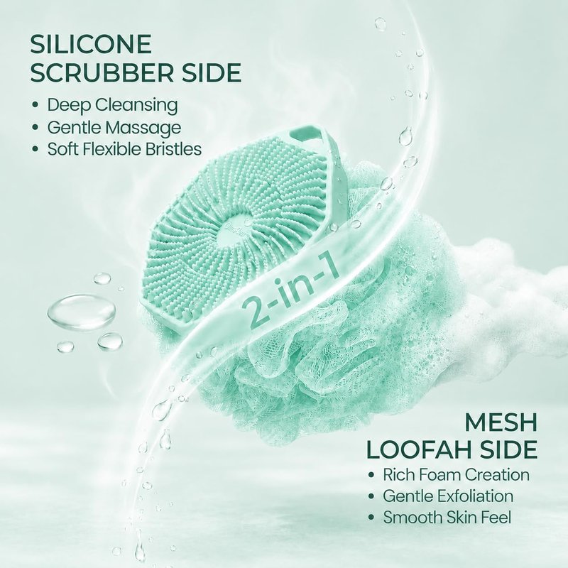 2-in-1 Silicone Body Scrubber & Mesh Loofah Sponge – Exfoliating Silicone Shower Scrubber with Soft Loofa Puff, Bristles, Non-Slip Grip, Quick Dry, Hygienic Body Scrubber for Women & Men