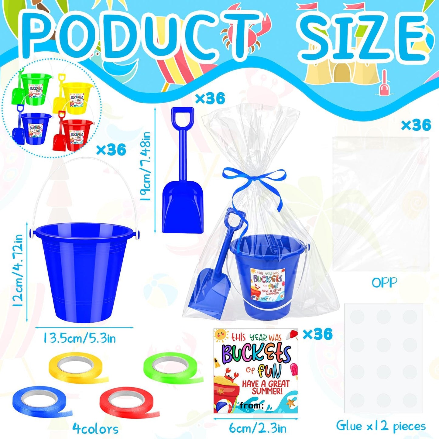 36 Sets End of Year Student Gifts Sand Buckets and Shovels Summer Cards Bulk Last Day of School Present from Teacher Classroom Prizes Summer Vacation Party Accessory for Pool Outdoor