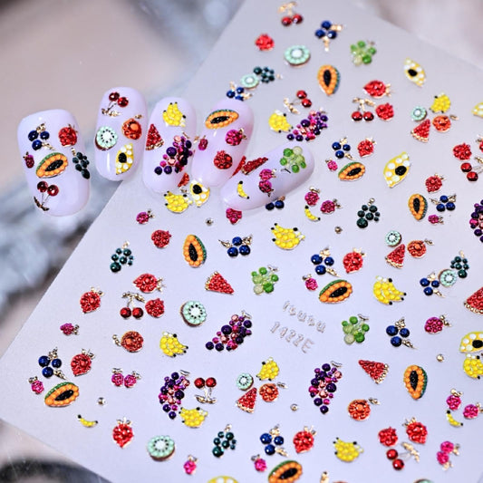 Fruits Nail Stickers Colorful Summer Nail Decals Cartoon Watermelon Banana Nail Designs Cute Jelly Gold Nails Supplies 5D Embossed Self Adhesive Red Yellow Sticker Decals for Women DIY Manicure 1Sheet