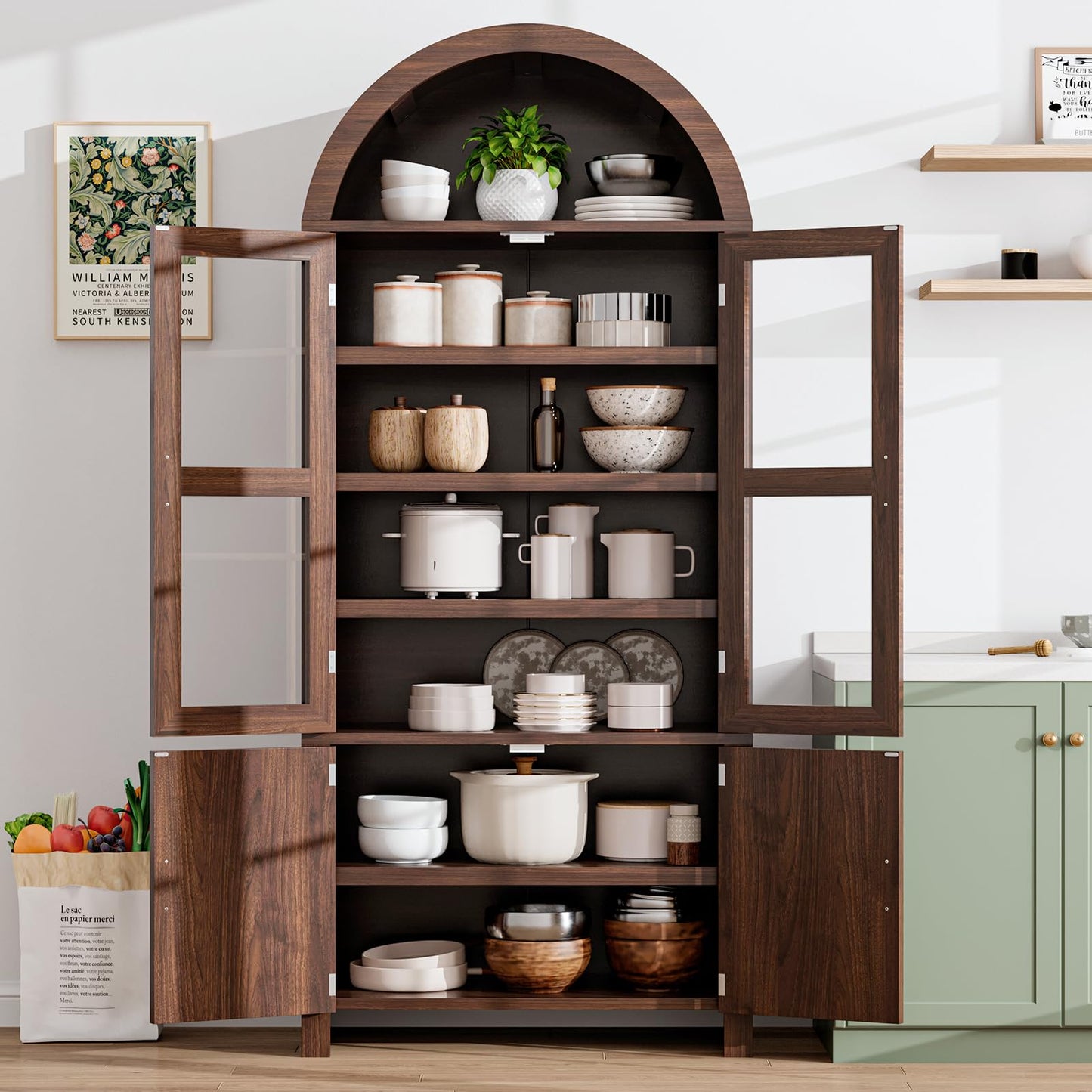 Breezestival 71" Tall Arched Kitchen Pantry Cabinet, Modern Farmhouse Wood Kitchens Storage Cabinets, Cupboard for Dining Room, Kitchen, Bathroom, Brown