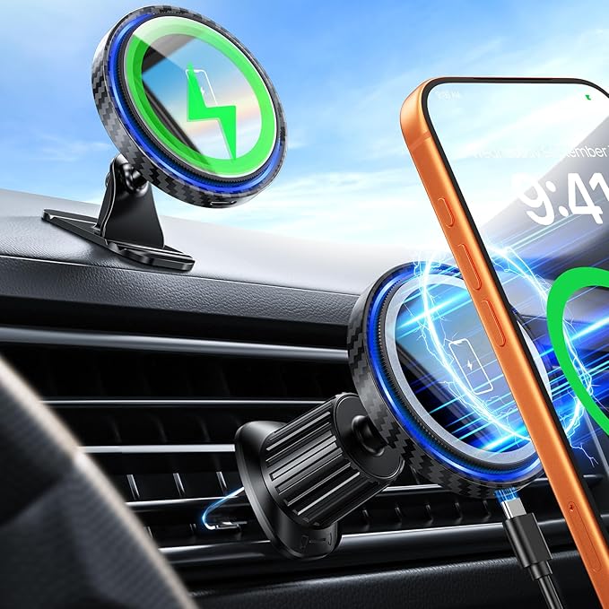 Magnetic Wireless Car Charger Mount, 15W Fast Charging Car Phone Holer for iPhone 17 16 15 14 13 12 Pro Max N52 Magnets,360Â°Rotation Dashboard/Vent Phone Holder Compatible with Mag Safe Case