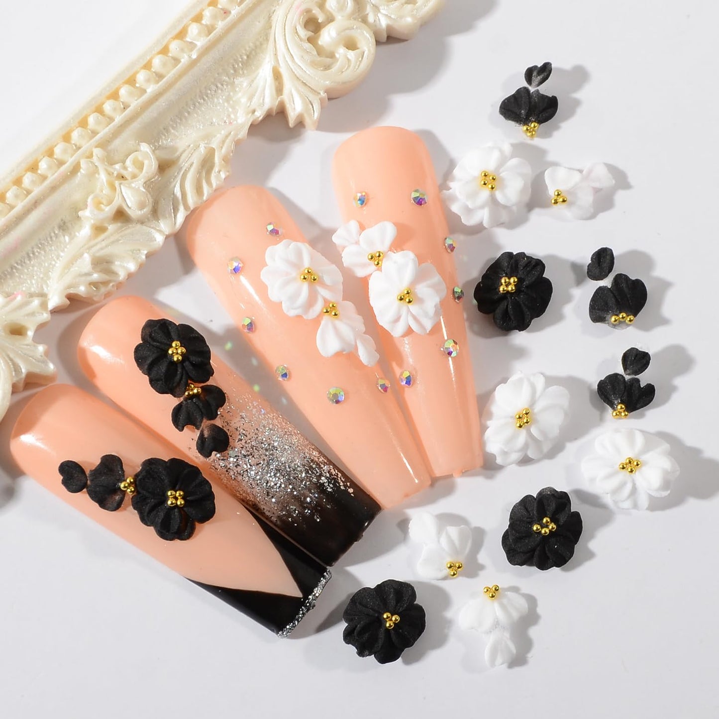 BAIYIYI 30PCS Handmade Acrylic Flowers Nail Art Charms Cute Y2K Summer Floral with Caviar Beads Design High-end Craved Flower Petal Nails Charms for Women Profession Nail Art Craft Jewelry