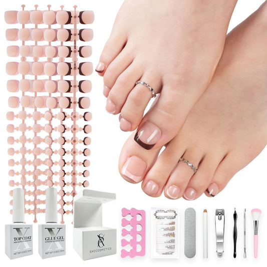SXC Cosmetics X-Pro Tips French Tip Press On Toenails for Women, Acrylic Soft Gel System (Short French Skintone, Short)