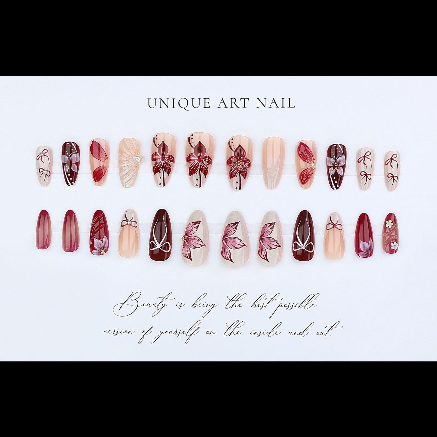 plalely Almond Press on Nails Long Wine Red Fake Nail3D Flowers Charm Acrylic Nail Press ons with Embossed Design Stick on Nails for Women 24pcs