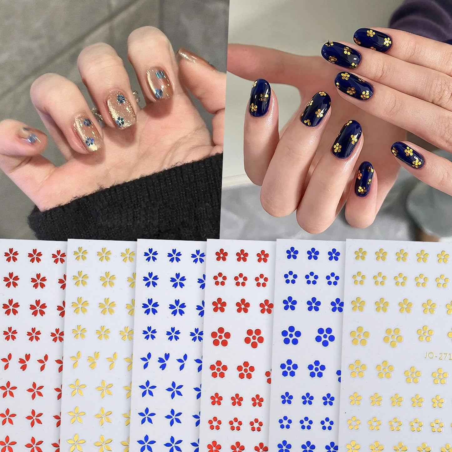 6sheets Flower Nail Art Stickers,3D Sequins Decals, Small Flower Nail Art Supplies Gold for Nails Self Adhesive Decal, Floral Spring Nail Sticker for Woman Summer Manicure Decoration Accessories