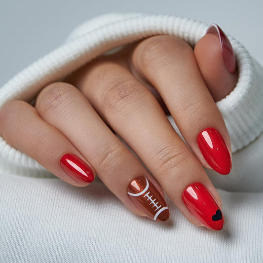 CurvLife Press On Nails Medium Almond – 30Pcs Red Football Fake Nails, Soft Gel Game Day Press On Nails with Glue, Glossy Glue On Nails for Women & Girls, Super Bowl & Sports Fans