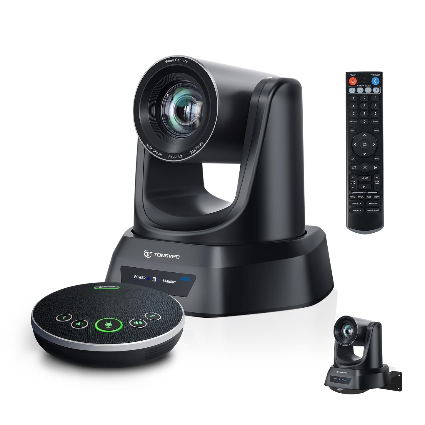 TONGVEO 4K AI Auto Tracking PTZ Conference Camera System with Bluetooth Speakerphone & Microphone, 20X Optical Zoom, USB3.0 HDMI LAN PoE Power Camera for Church Worship, Meetings, Streaming